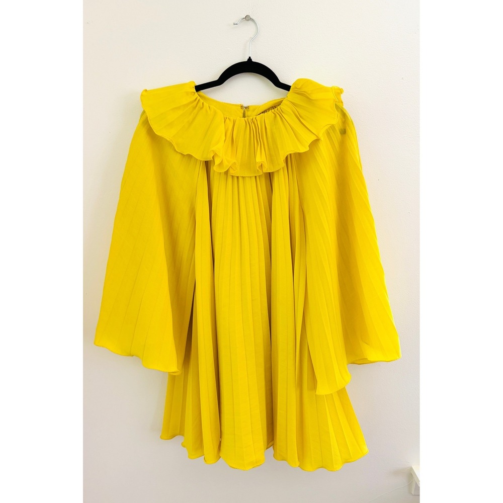 Vintage 1960s Canary Yellow Accordion Pleated Mini Dress Angel Sleeve Mod Twiggy - Picture 5 of 6